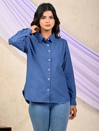 Womens Solid Teal Blue Airy Linen Cotton Shirt