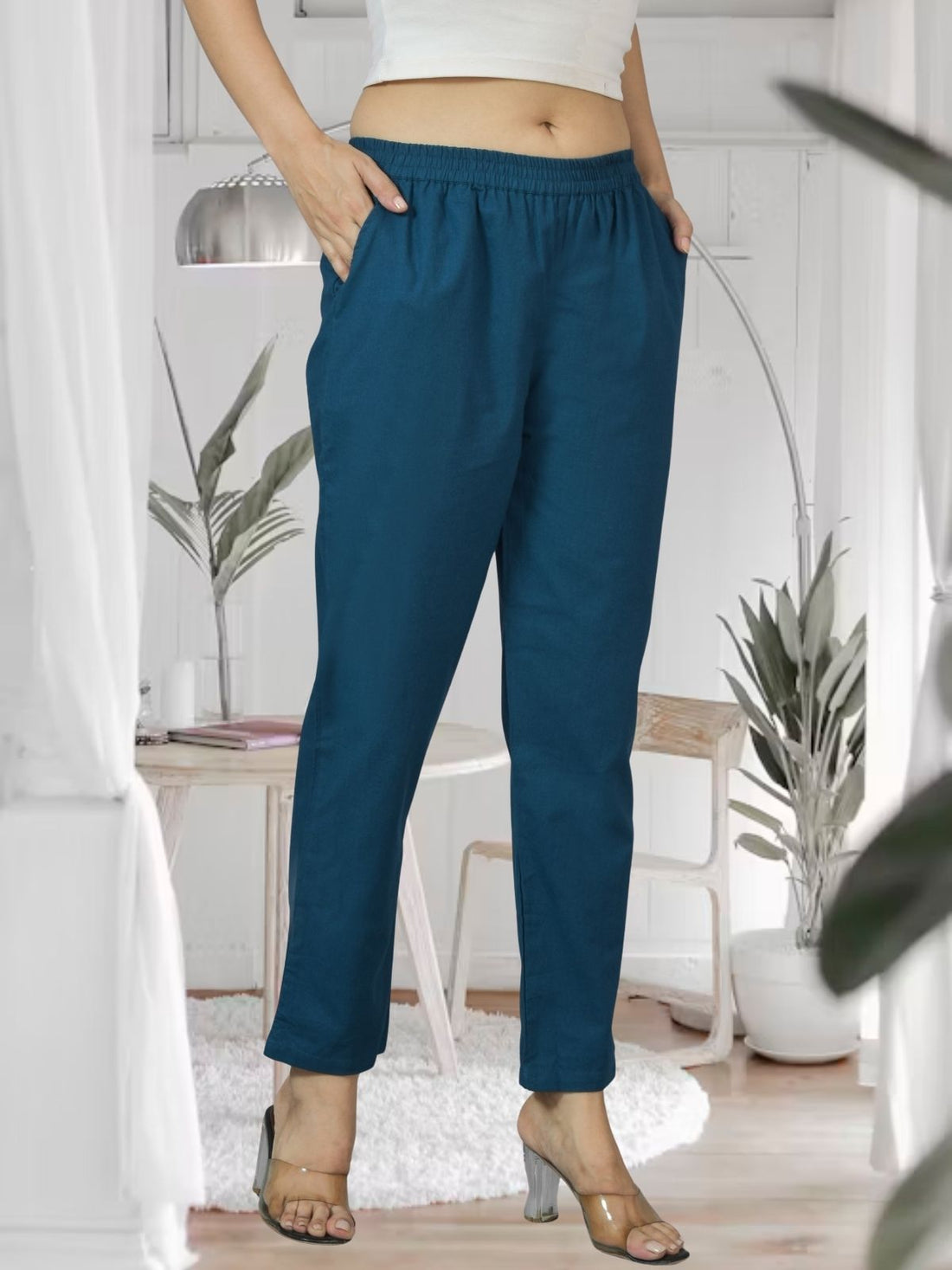 Teal Blue Fully Elastic Airy Linen Cotton Pants