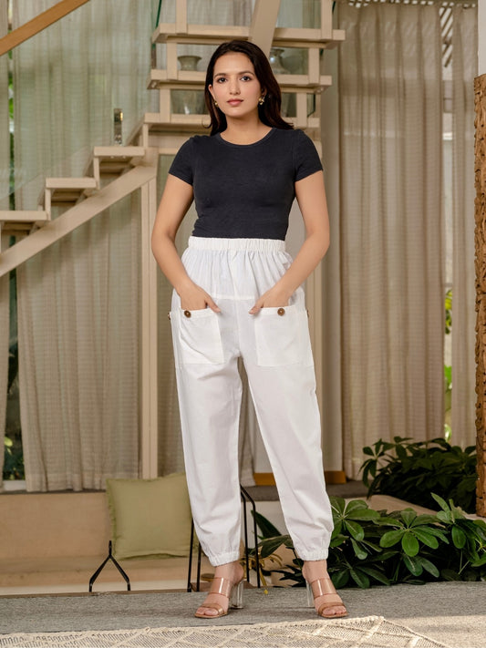 Quaclo Women's White Four Pocket Cotton Cargo Pants