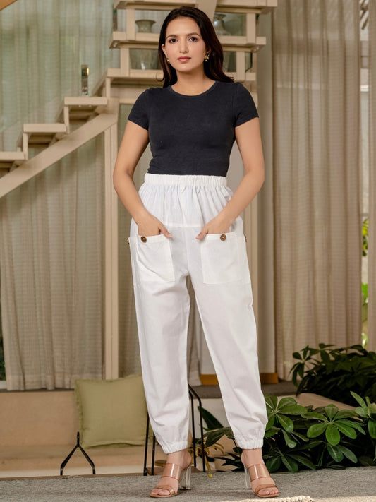 Quaclo Women's White Four Pocket Cotton Cargo Pants