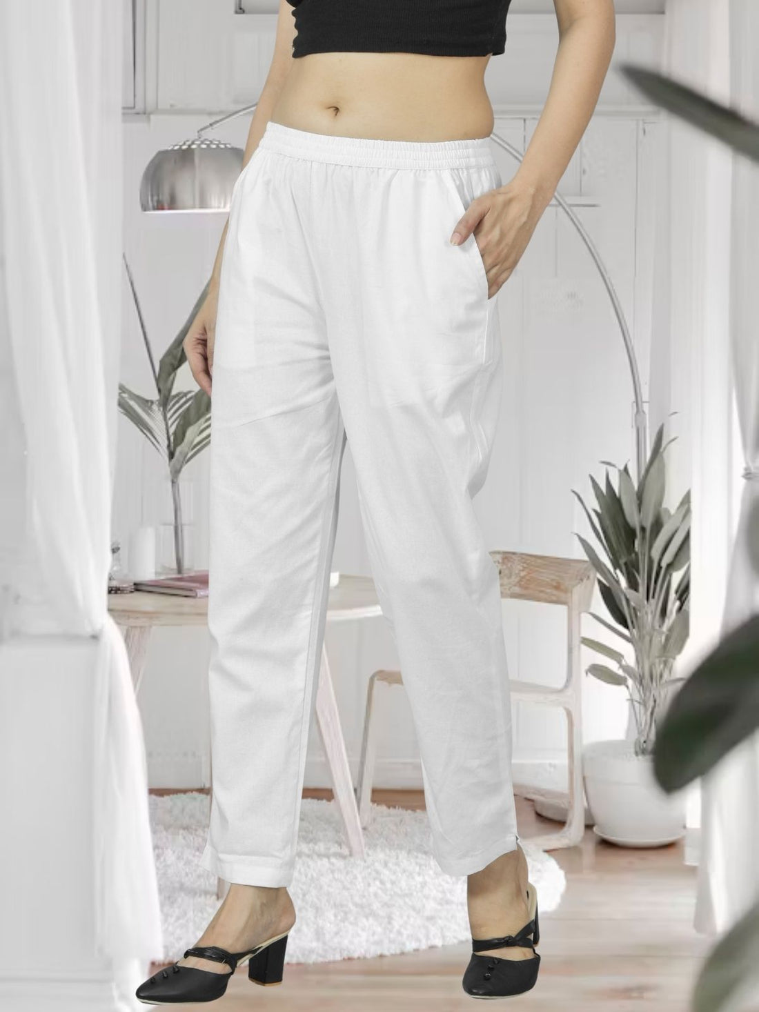 White Fully Elastic Airy Linen Cotton Pants