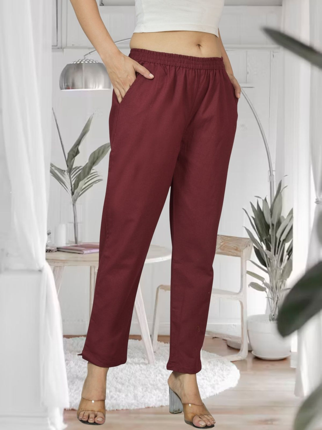 Wine Fully Elastic Airy Linen Cotton Pants