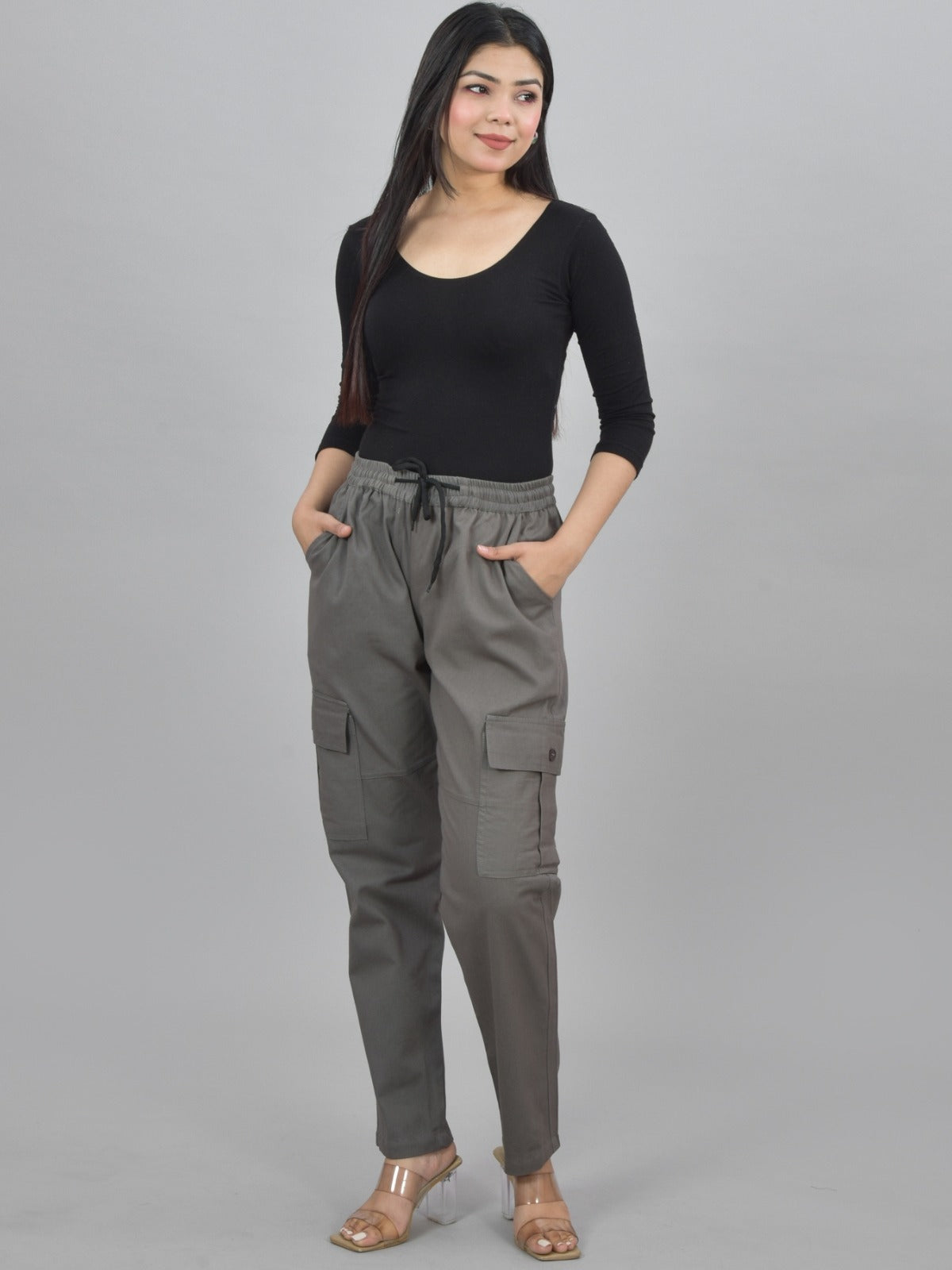 Pack  Of 2 Womens Black And Grey 5 Pocket Twill Straight Cargo Pants