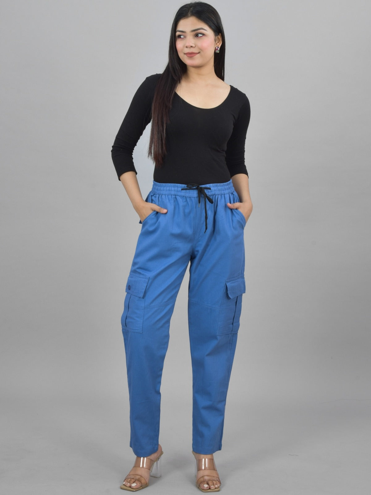 Womens Blue 5 Pocket Twill Straight Cargo Pant