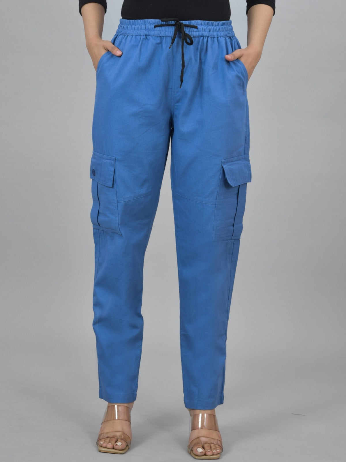 Pack  Of 2 Womens Blue And Melange Grey 5 Pocket Twill Straight Cargo Pants