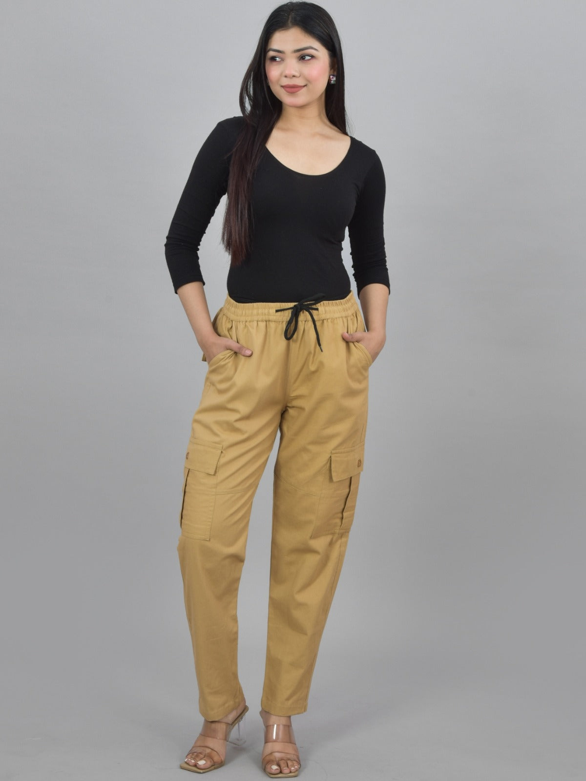 Pack  Of 2 Womens Brown And Khaki 5 Pocket Twill Straight Cargo Pants