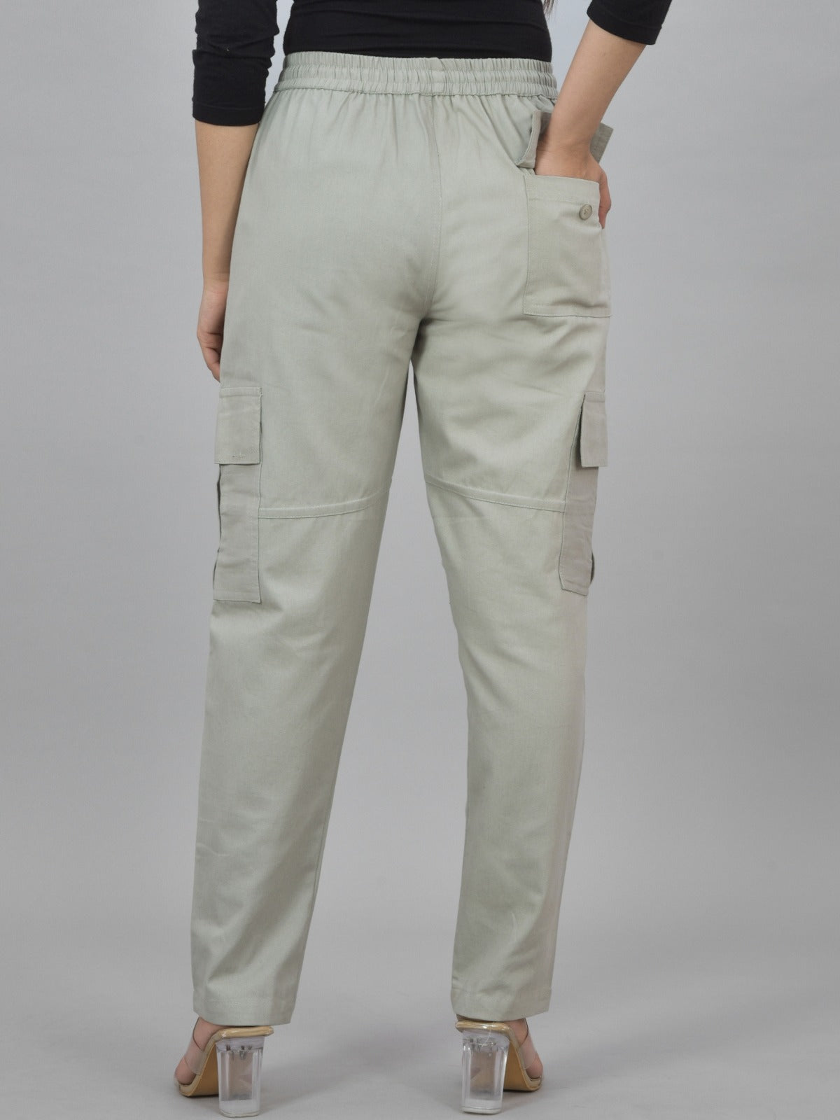 Pack  Of 2 Womens Khaki And Melange Grey 5 Pocket Twill Straight Cargo Pants