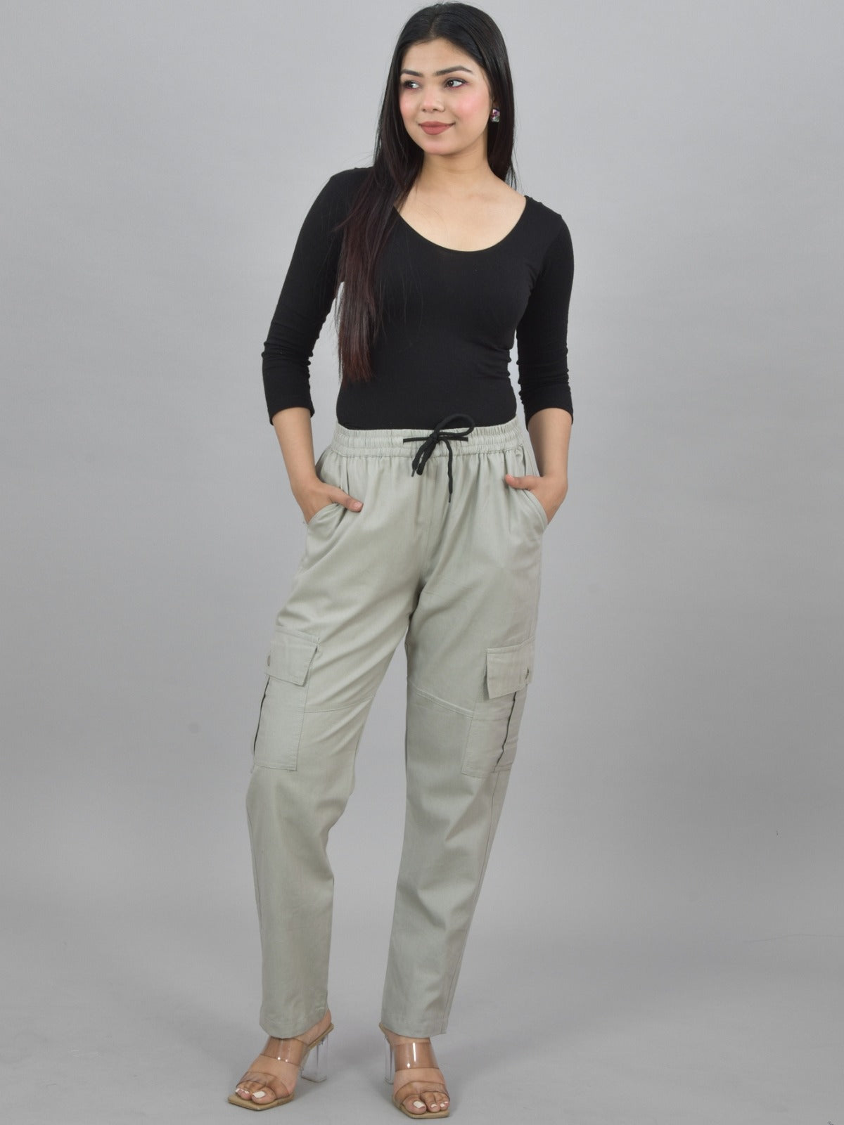 Pack  Of 2 Womens Grey And Melange Grey 5 Pocket Twill Straight Cargo Pants