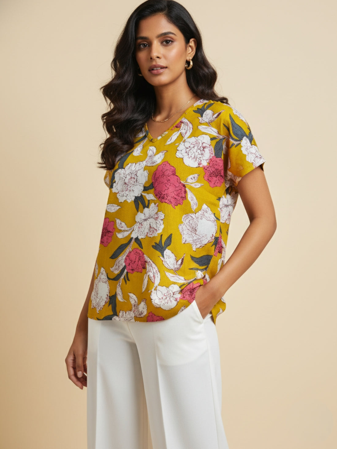 Pack Of 2 Womens Light Grey And Yellow Airy Linen Cotton Printed Tops