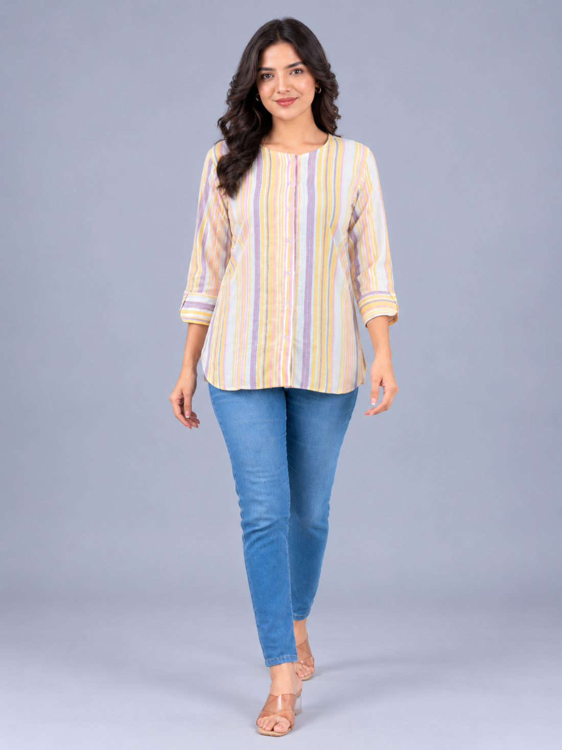 Yellow Rainbow Stripe Cotton Shirts