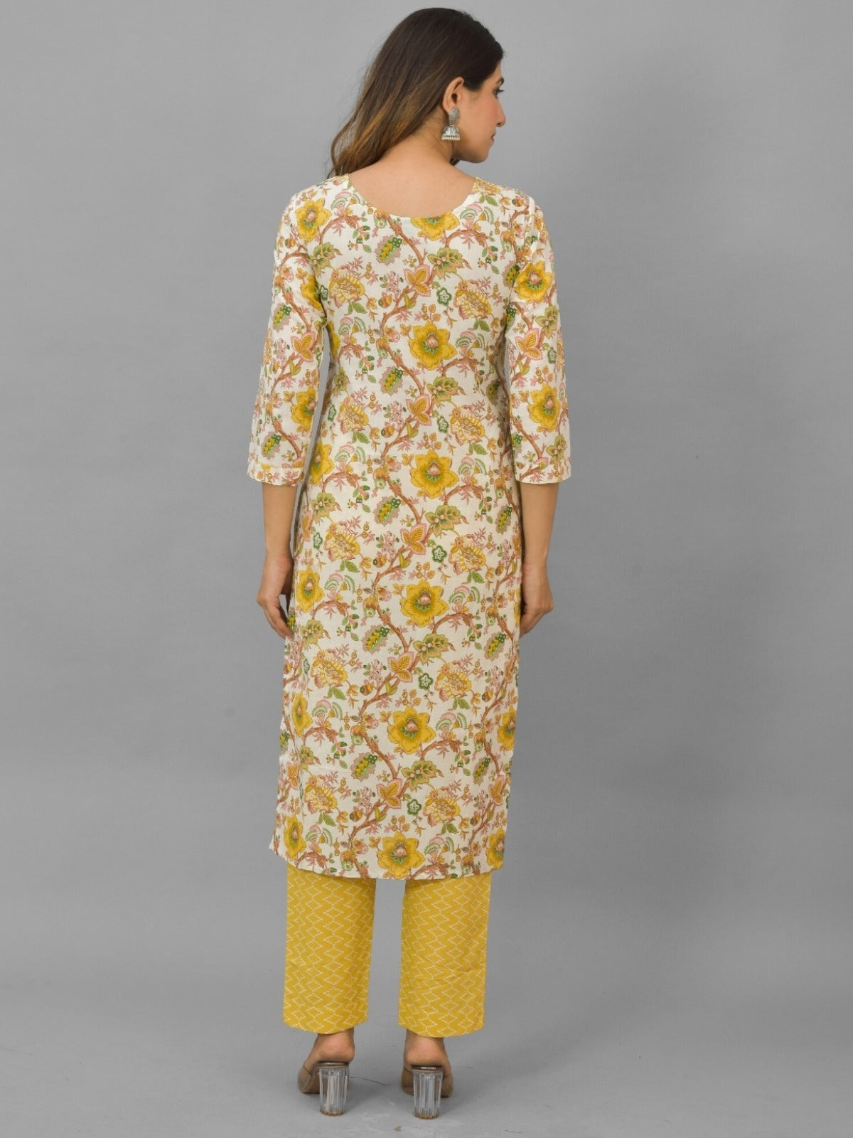 Womens Yellow Flower Printed V Neck Kurti, dupatta and Pant Set