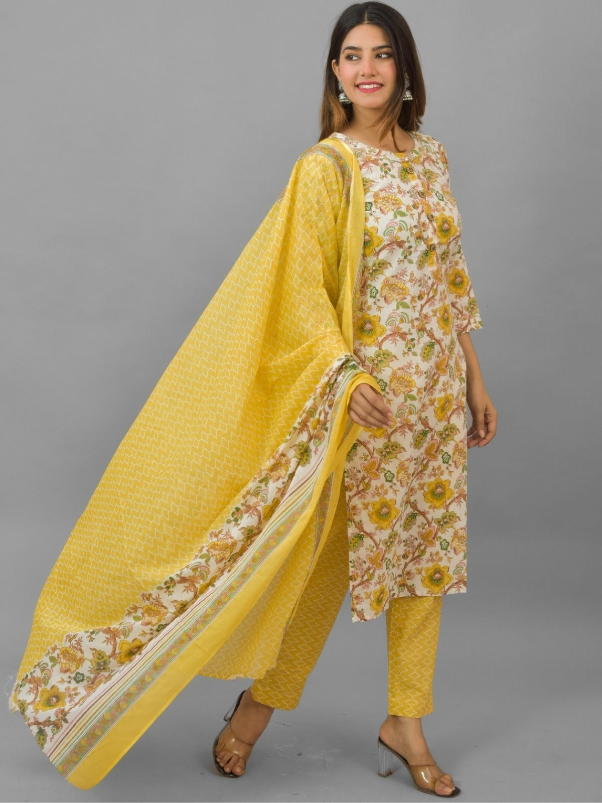 Womens Yellow Flower Printed V Neck Kurti, dupatta and Pant Set