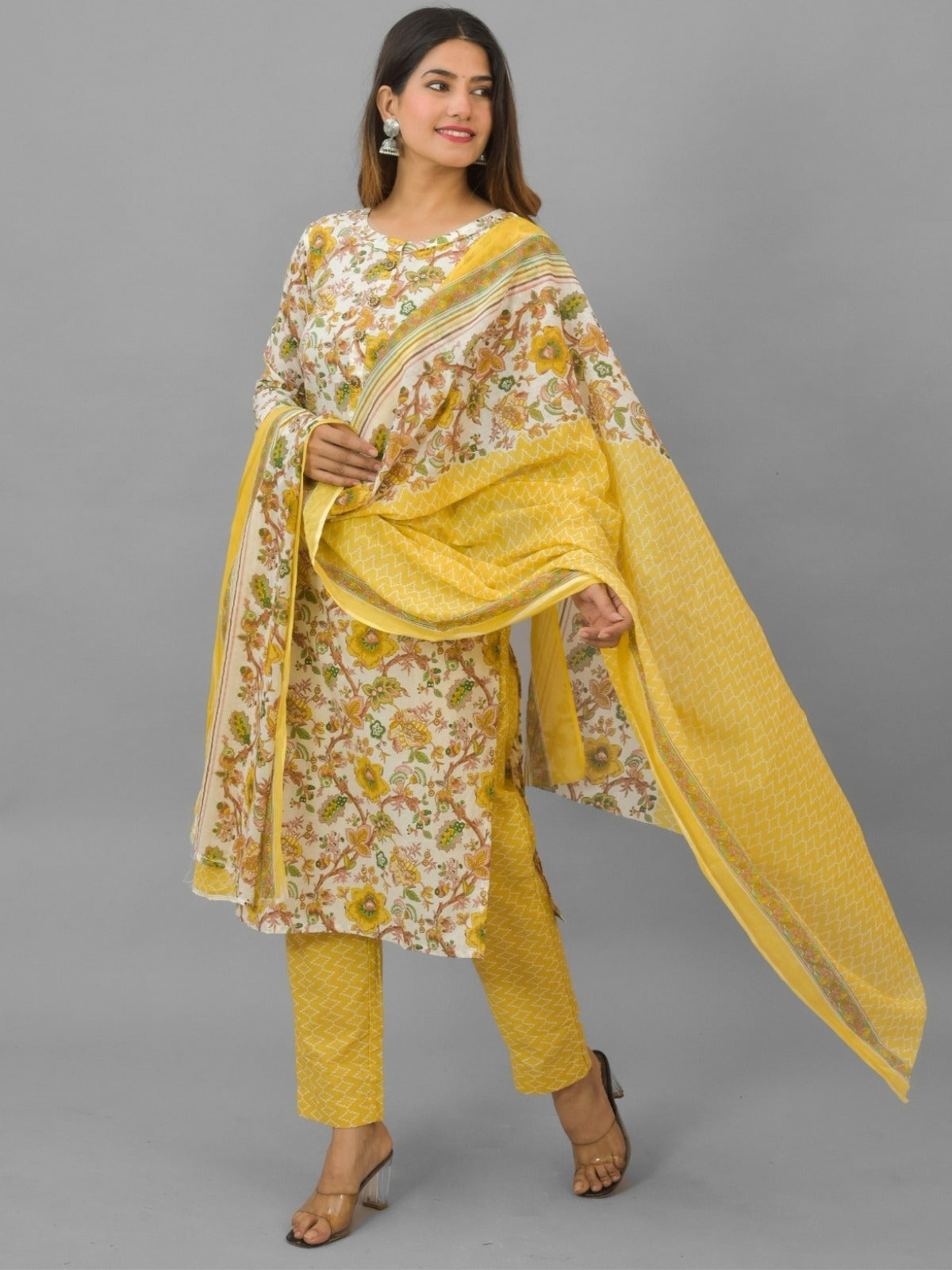 Womens Yellow Flower Printed V Neck Kurti, dupatta and Pant Set