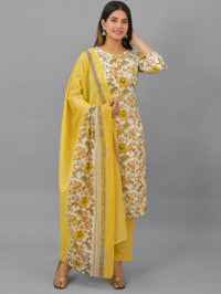 Womens Yellow Flower Printed V Neck Kurti, dupatta and Pant Set