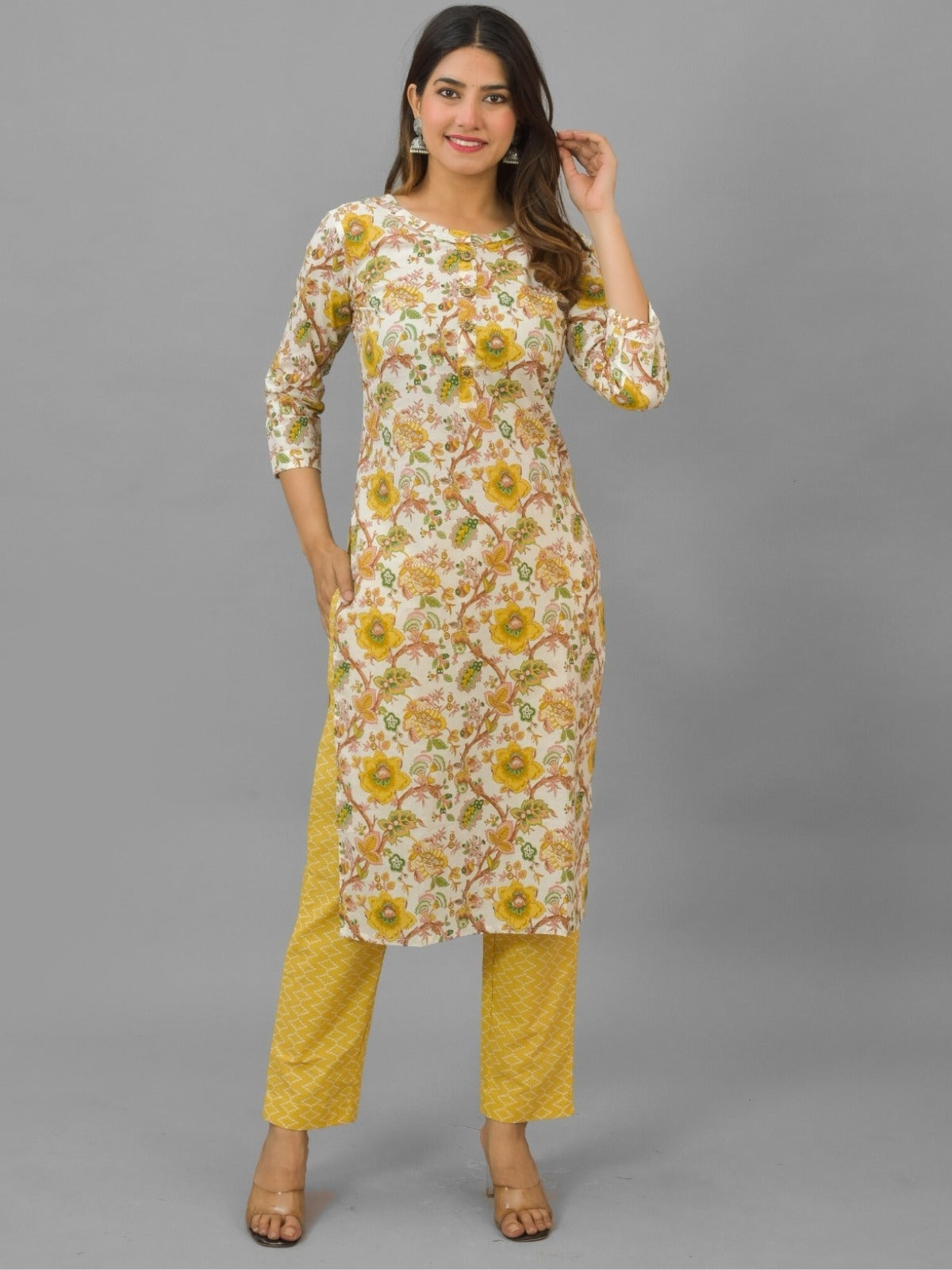 Womens Yellow Flower Printed V Neck Kurti, dupatta and Pant Set