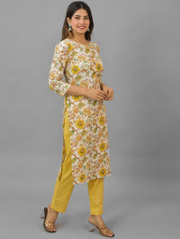 Womens Yellow Flower Printed V Neck Kurti, dupatta and Pant Set