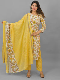 Womens Yellow Flower Printed V Neck Kurti, dupatta and Pant Set