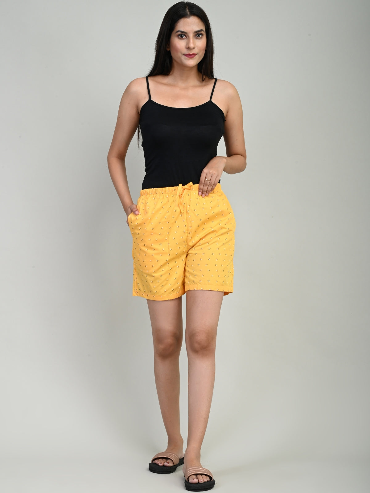 Women Yellow Cotton Printed Short