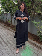 Quaclo Womens Black Embroidery Kurta Plazzo Set