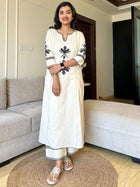 Womens Cream V Neck Embroidery Kurta Plazzo Set