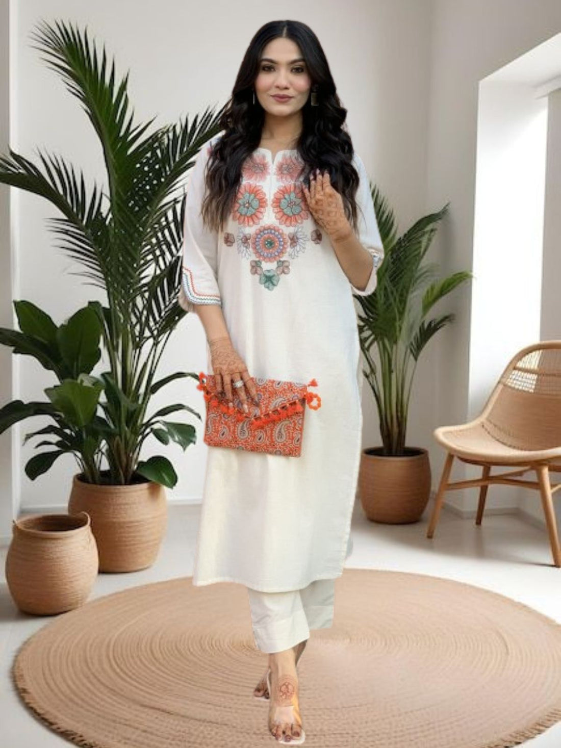 Womens Cream Floral Embroidery Kurta Pant Set
