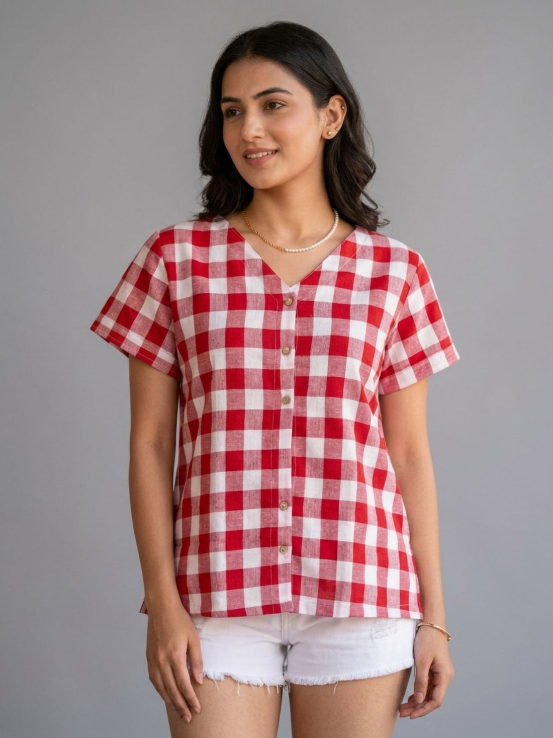 Women Red Cotton Checks Shirt