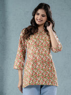 Womens Red Sanganeri Printed Cotton Short Kurti