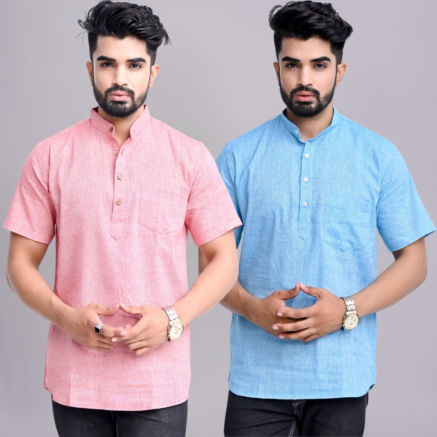 Pack of 2 Mens Solid Red And Sky Blue Khadi Cotton Short Kurta Combo