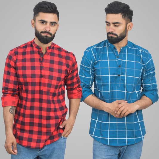 Pack Of 2 Mens Red And Teal Blue Wide Check Cotton Short Kurta Combo