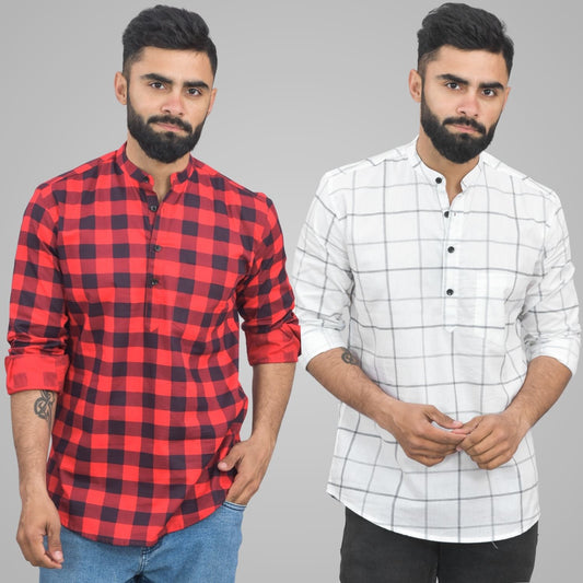 Pack Of 2 Mens Red And White Wide Check Cotton Short Kurta Combo