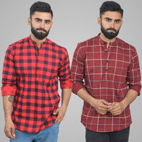 Pack Of 2 Mens Red And Wine Wide Check Cotton Short Kurta Combo