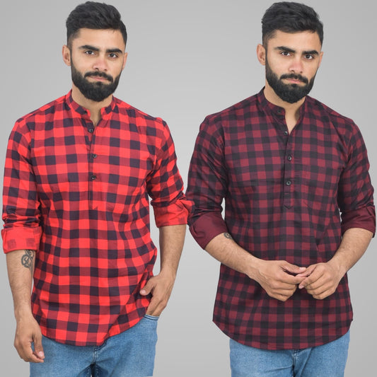 Pack Of 2 Mens Red And Wine Check Cotton Short Kurta Combo