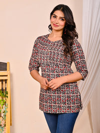 Womens Red Black Flower Printed Short Kurti/Top