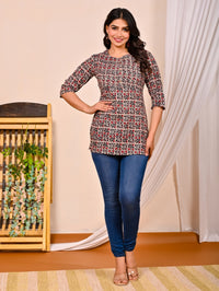 Womens Red Black Flower Printed Short Kurti/Top