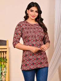 Womens Red Black Printed Short Kurti/Top