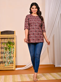 Womens Red Black Printed Short Kurti/Top