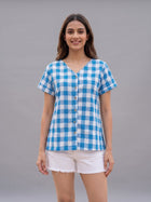 Women Skyblue Cotton Checks Shirt