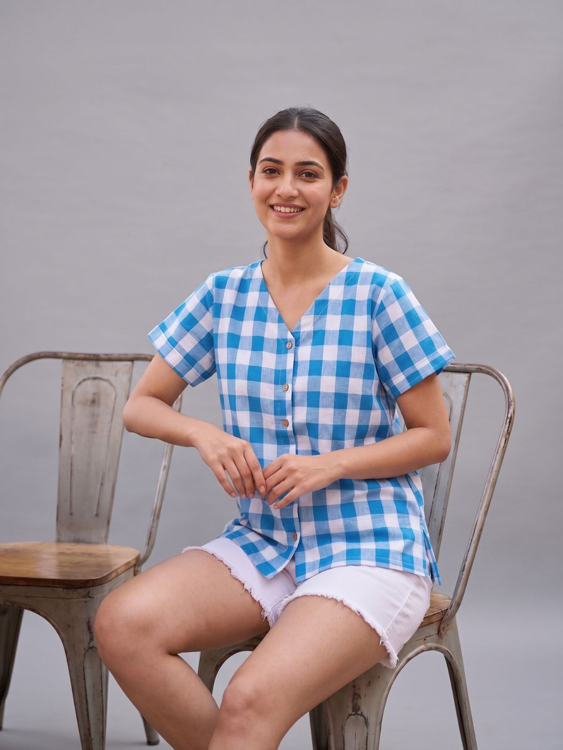 Women Skyblue Cotton Checks Shirt