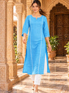 SkyBlue South Cotton straight Kurti with Lace