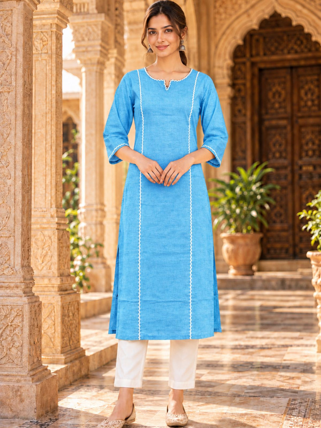 SkyBlue South Cotton straight Kurti with Lace