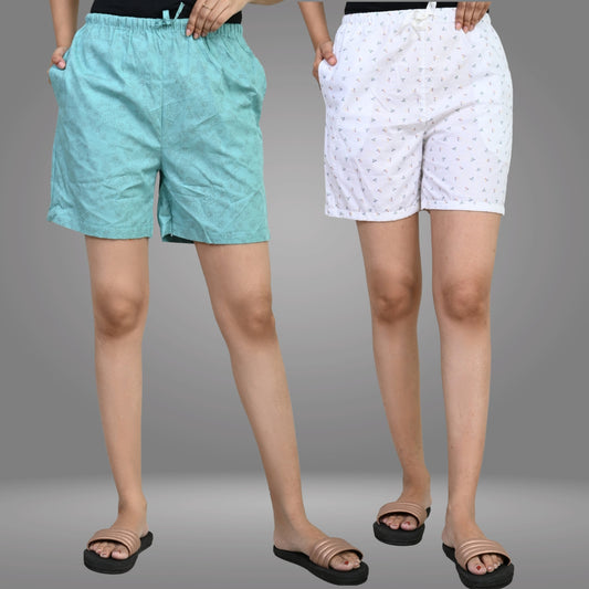 Pack Of 2 Womens Sky Blue And White Printed Short Combo