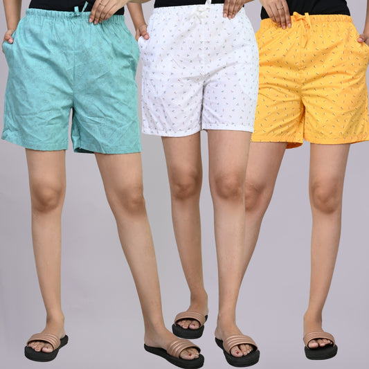 Pack Of 3 Sky Blue, White And Yellow Printed Women Shorts Combo