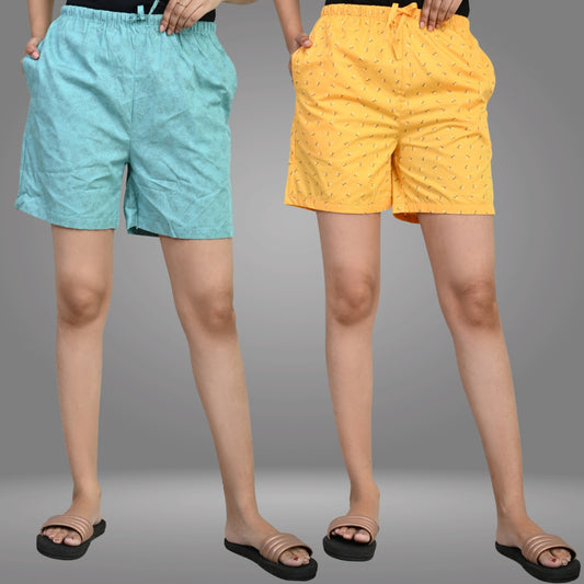 Pack Of 2 Womens Sky Blue And Yellow Printed Short Combo