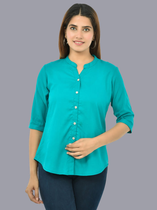 Womens Sky Blue Regular Fit Chinese Collar Rayon Shirt