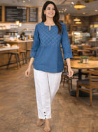 Tealblue Handloom Cotton Yoke Top