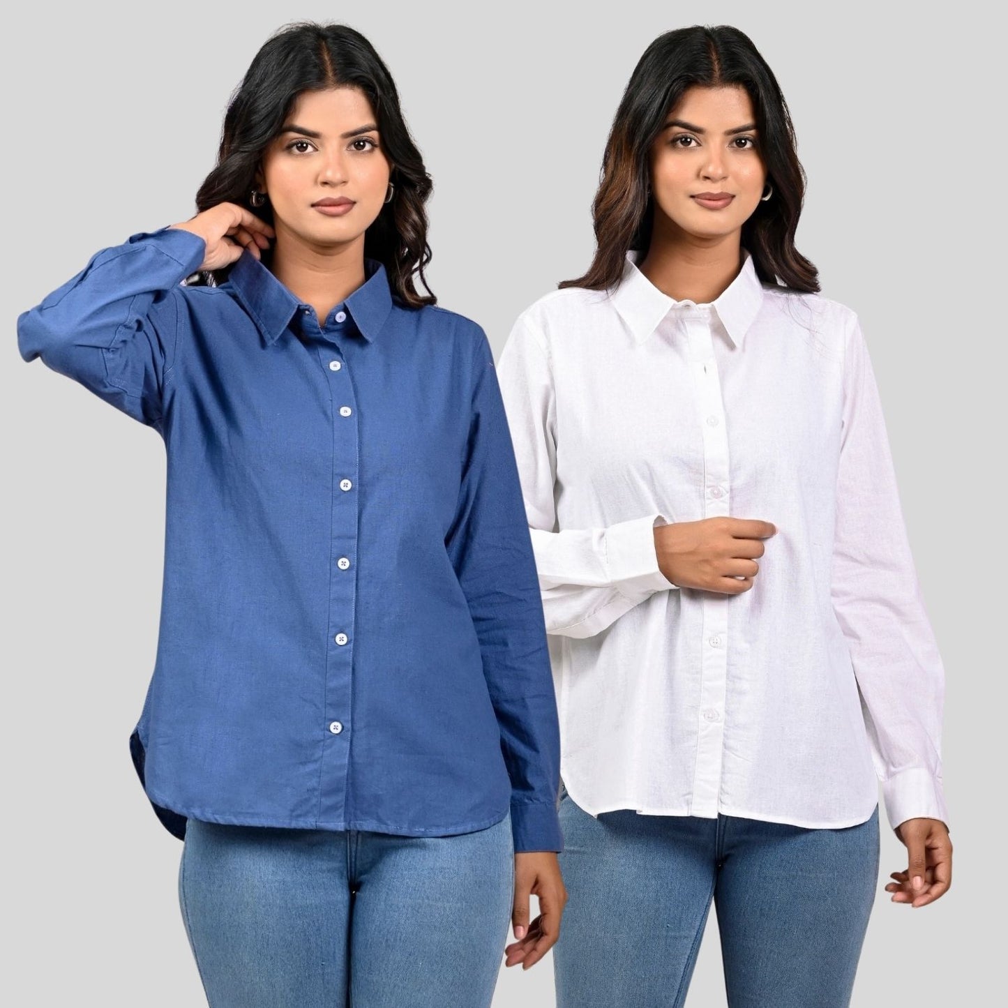 Women Teal Blue And White Solid Airy Linen Cotton Shirts Combo