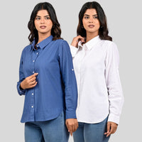 Women Teal Blue And White Solid Airy Linen Cotton Shirts Combo