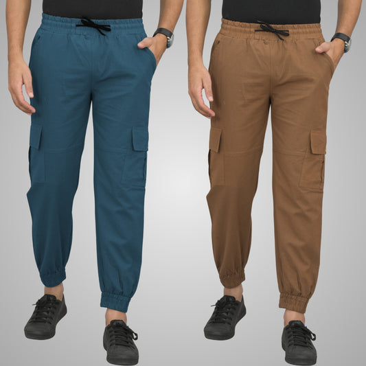 Pack Of 2 Mens Teal Blue And Brown Airy Linen Summer Cool Cotton Comfort Joggers