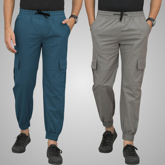 Combo Pack Of Mens Teal Blue And Grey Five Pocket Cotton Cargo Pants
