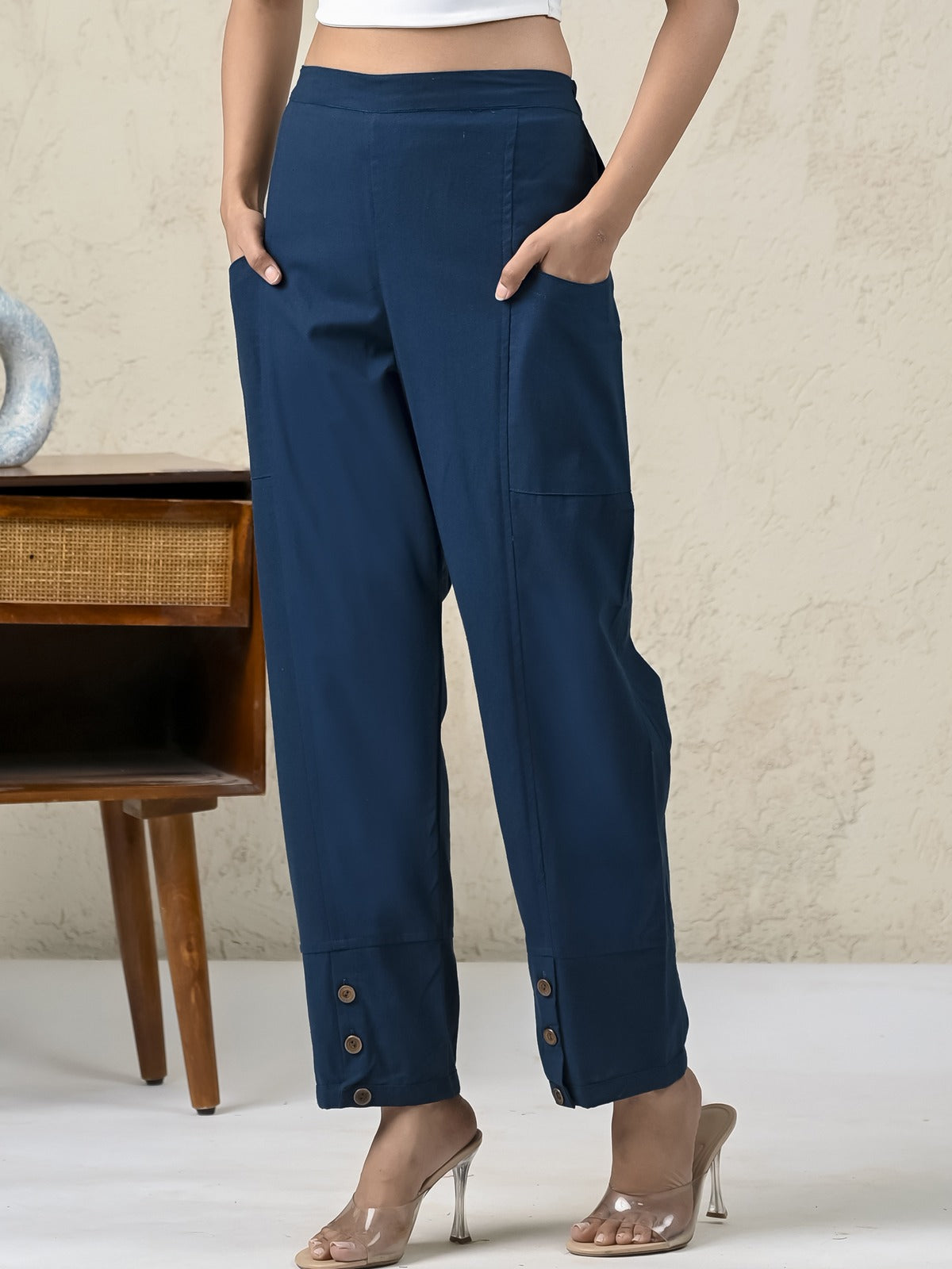 Womens Teal Blue Side Pocket Pure Cotton Straight Cargo Pant